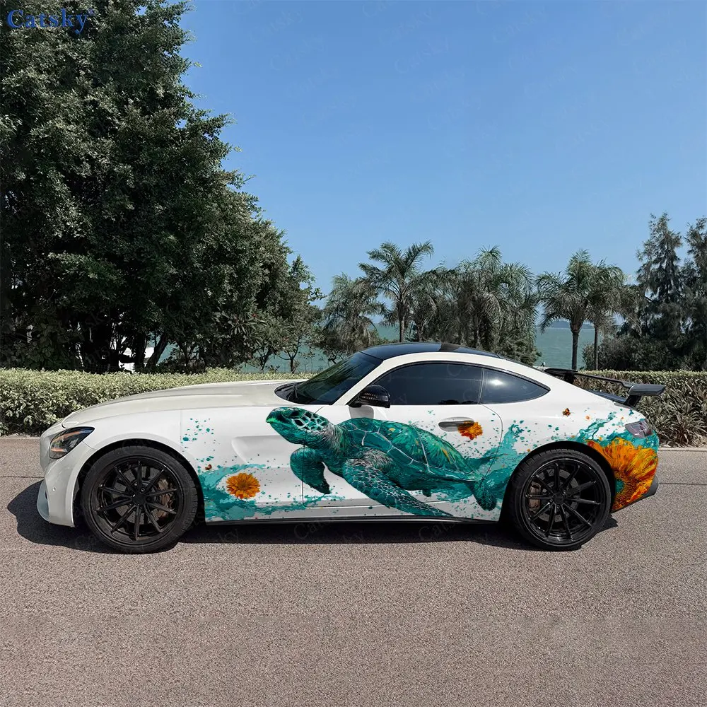 2PCS Surging Wave Flower Turtle, Durable, Fade-resistant, Enhance Vehicle Aesthetics With Bold Artistic Design Car Vinyl Wraps