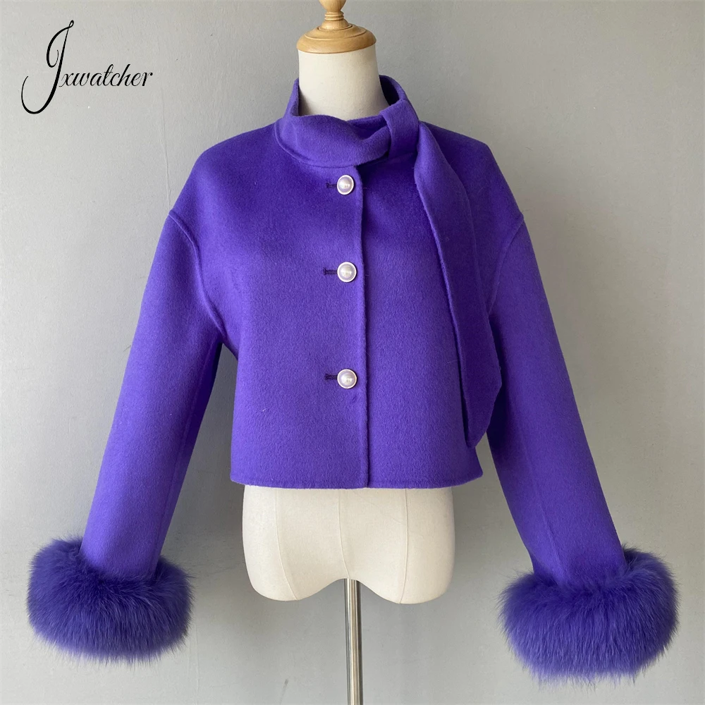 Jxwatcher Wool Coats with Real Fur 2024 Autumn Elegant Woman Coat Ladies Fashion Double Face Cashmere Jacket Solid Color Female