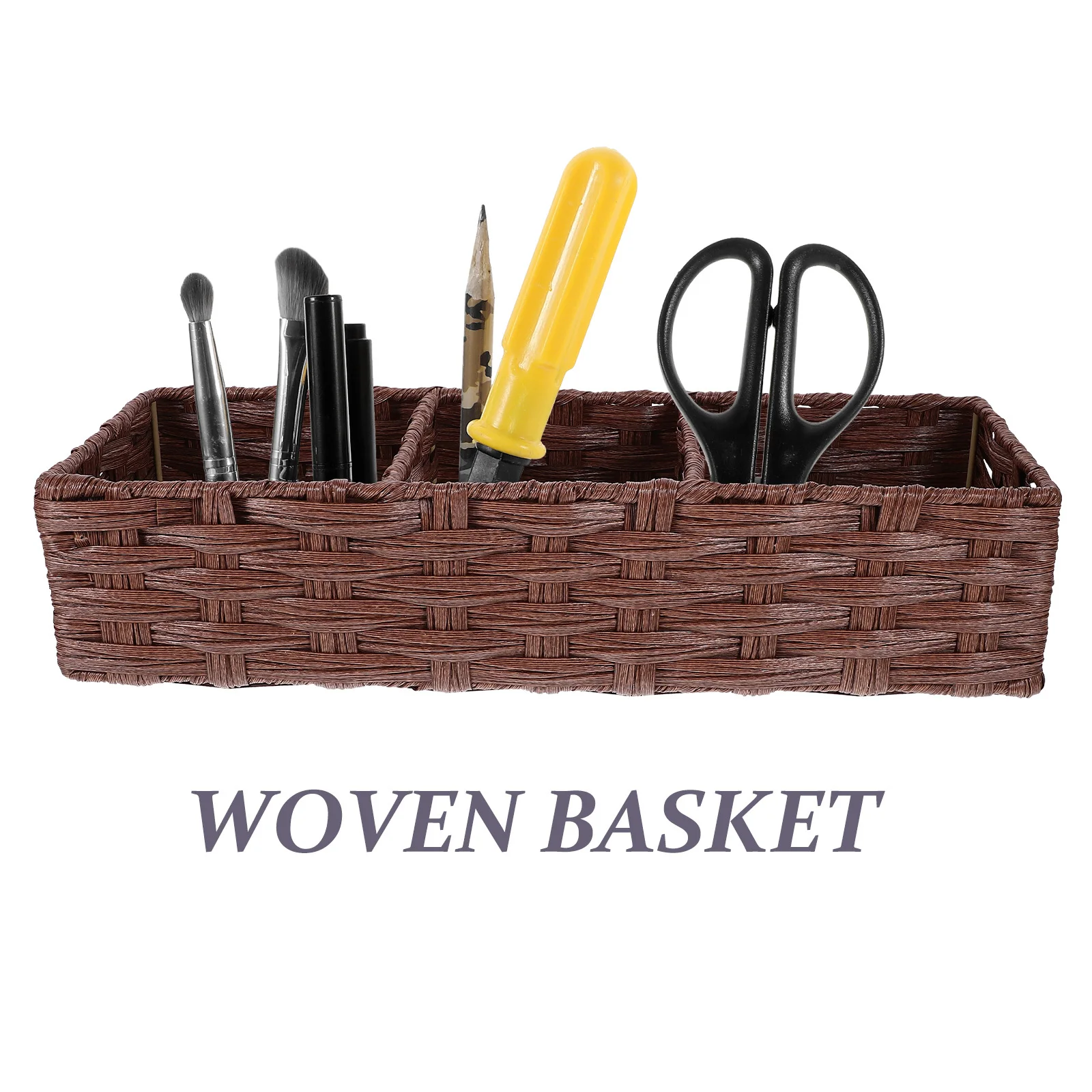 

3-Compartment Imitation Rattan Storage Basket Woven Desktop Organizer For Kitchen Bathroom Sundries Holder Multi-Grid Bin