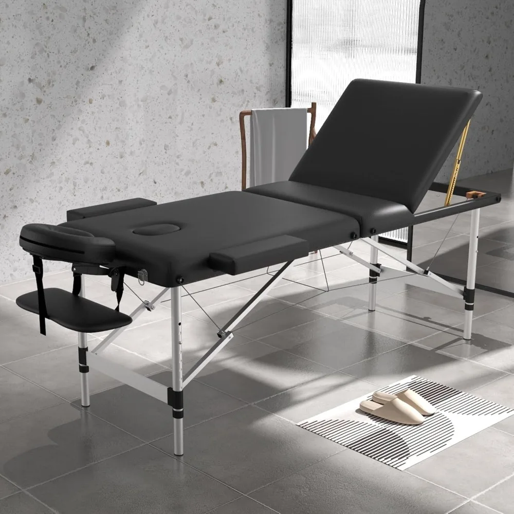 Massage Table Massage Bed, Portable 3 Section Foldable Tattoo Bed, Height Adjustable Lash Spa Bed with Face Cradle, Home Light