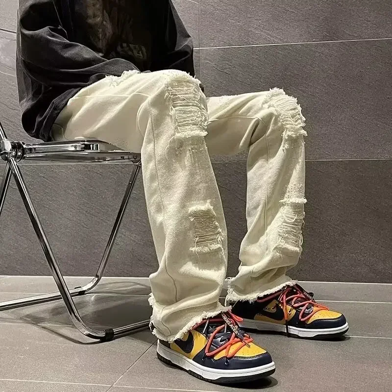 

Trend Brand High-waisted Casual Pants Men Jeans Ripped Jeans Men's Spring Summer Ins High Street Slim Straight Pants