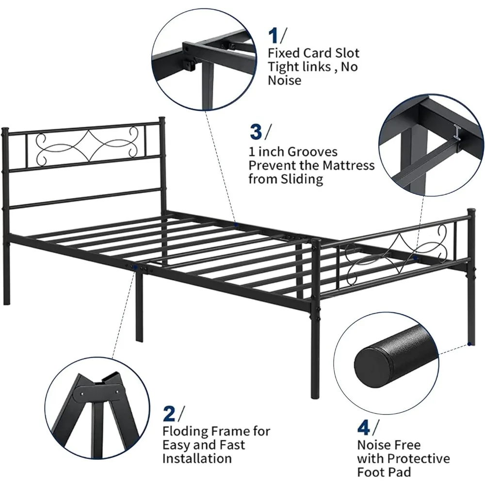 VECELO Cadre de lit double en métal avec tête de lit et pied de lit, aucun sommier tapissier nécessaire, fond de lit à plateforme robuste