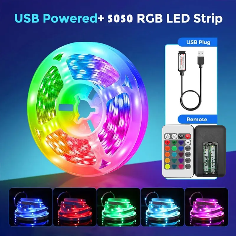 5V USB RGB LED Strip Lights with Remote Control Flexible Tape for Bedroom Home Party Decoration Lighting