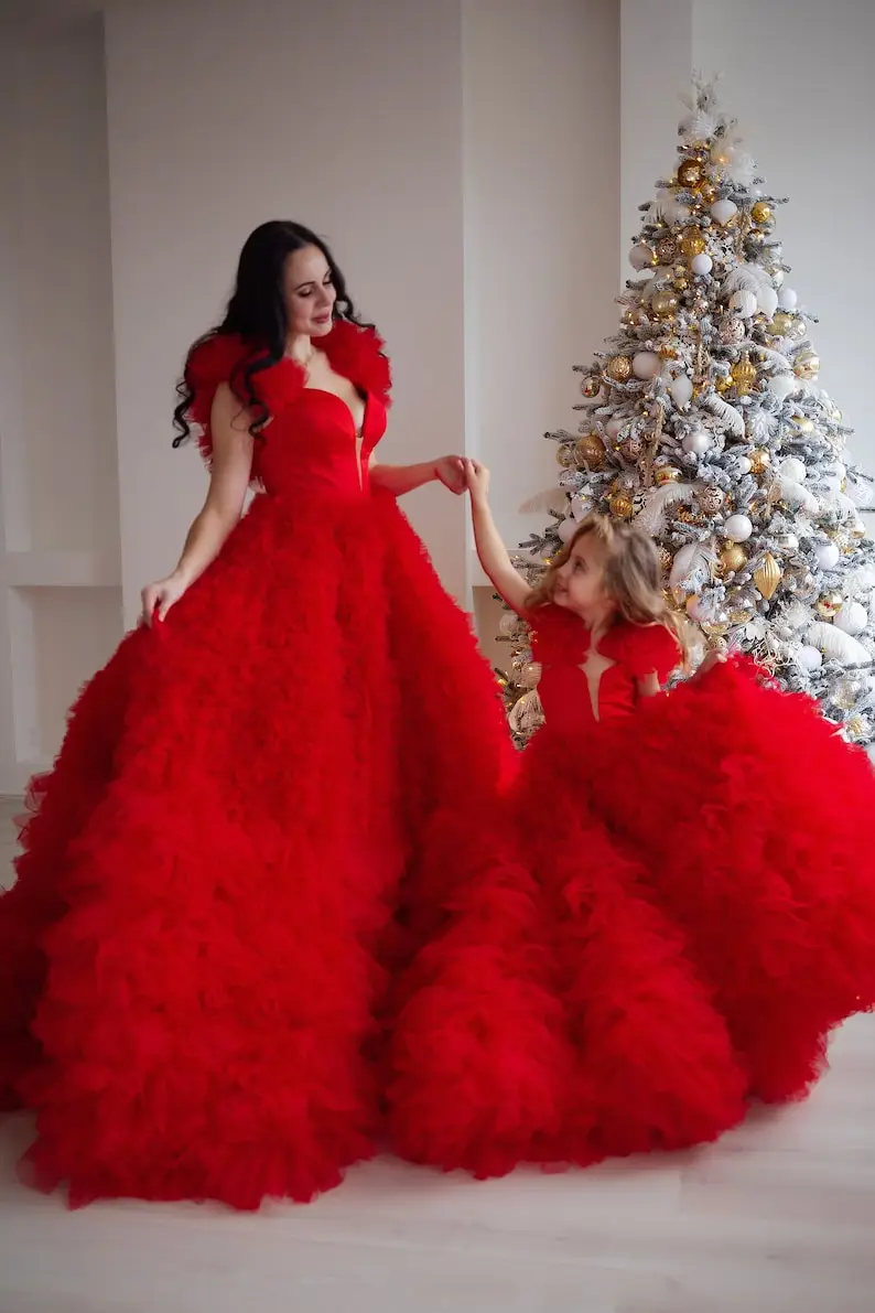 Red Gorgeous Ball Gown Evening Dresses For Family Portrait Photography Mommy and Me Matching Dresses Mother Daughter Party Gown