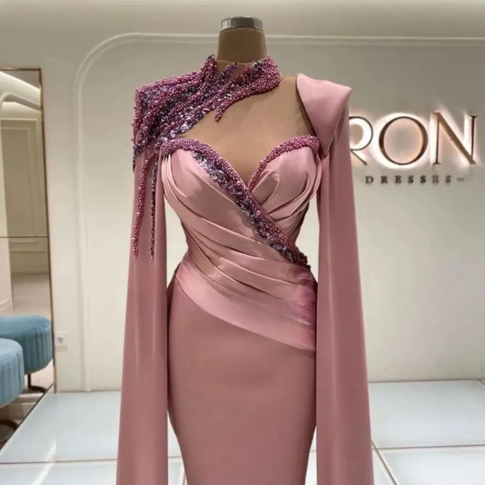 Dark Pink Mermaid Evening Dresses Women Halter Sweetheart Neck Shawl Sleeves Formal Occasion Party Gown Satin Beaded Prom Dress