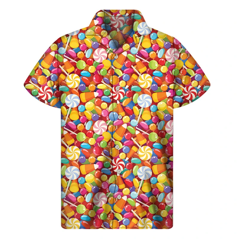 Camicia stampata in 3D di caramelle colorate Abbigliamento da uomo Camicie casual da strada divertenti Top Personalità Tendenza Maniche corte Camicetta con bottoni risvolto