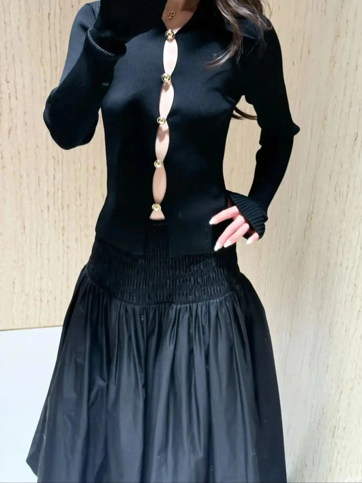 

Hollow Out Women Black Knitted Cardigan Turn-down Collar Flare Sleeve Slim Female Sweater