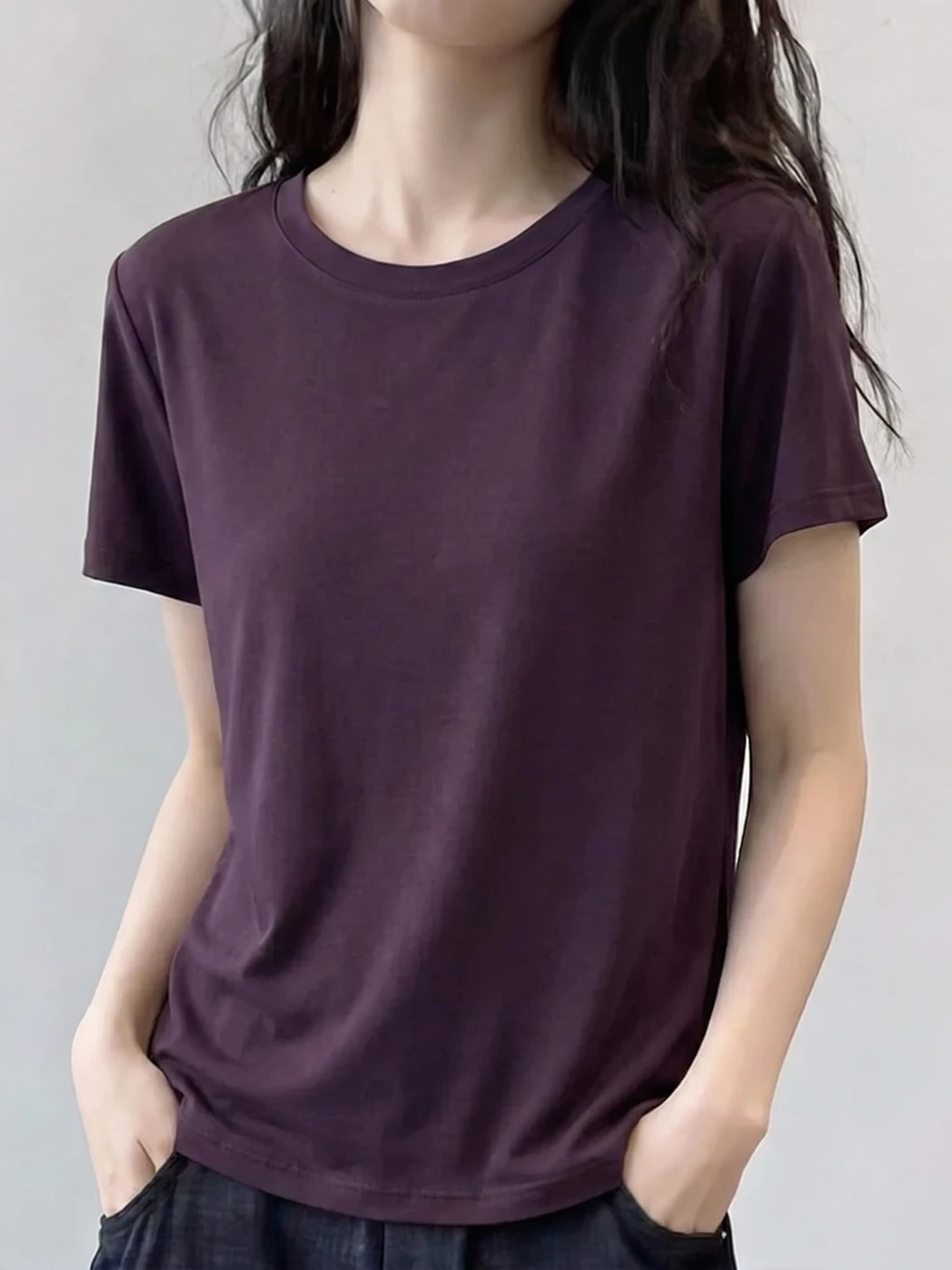 

Slimming Purple round Neck Short Sleeve T-Shirt Women's Summer New Style plus Size Comfortable Breathable Korean Version Top