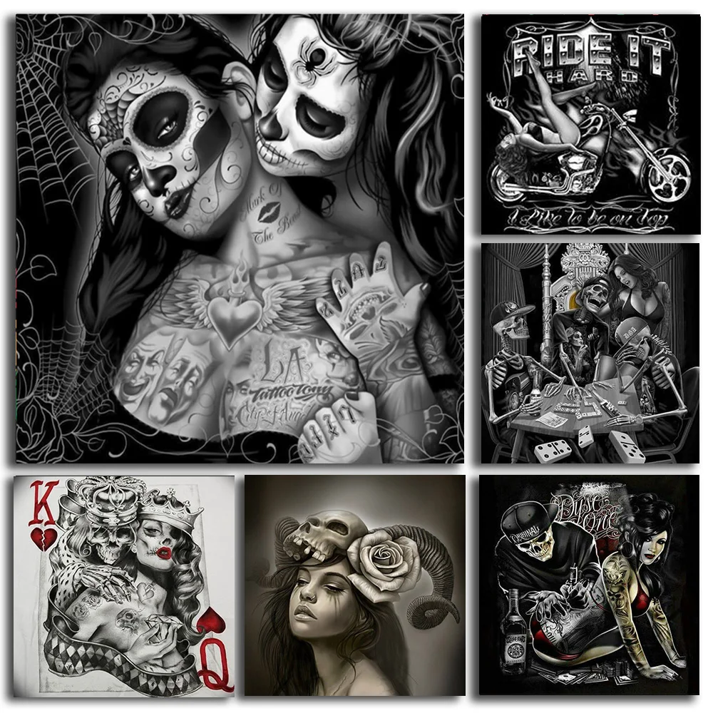 Women Skull Tattoos Black White Art Canvas Paintings Advocating Freedom Poster Fashion Style Wall Living Room Decoration Cuadros