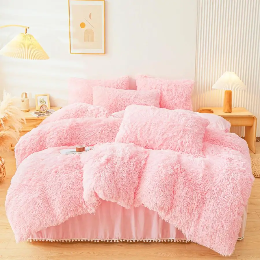 

Pink Faux Fur Comforter Cover SetFuzzy Plush Bedding 3Pcs 1 Faux Fur Duvet Cover 2 Fuzzy Pillowcases Fluffy Bed Set Pink, Queen