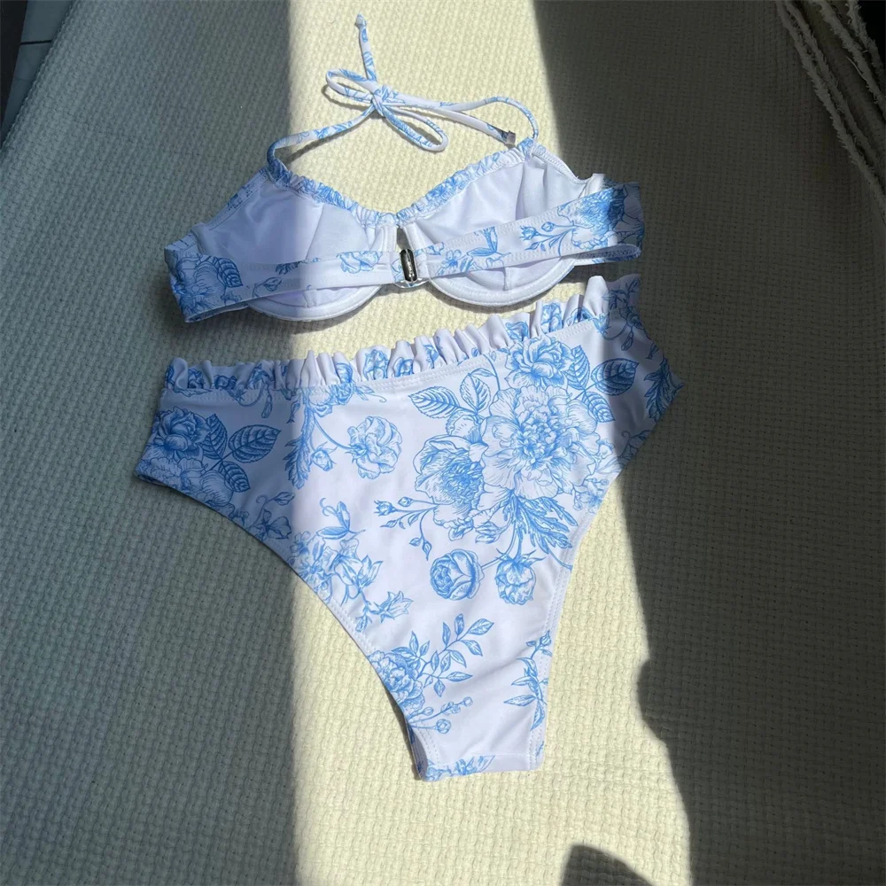 Elegancki kwiatowy strój kąpielowy bikini, uroczy marszczony strój z wysokim stanem, damski strój kąpielowy bez pleców, wiązany na szyi, push-up, wakacyjny strój kąpielowy, mikro kostiumy kąpielowe.
