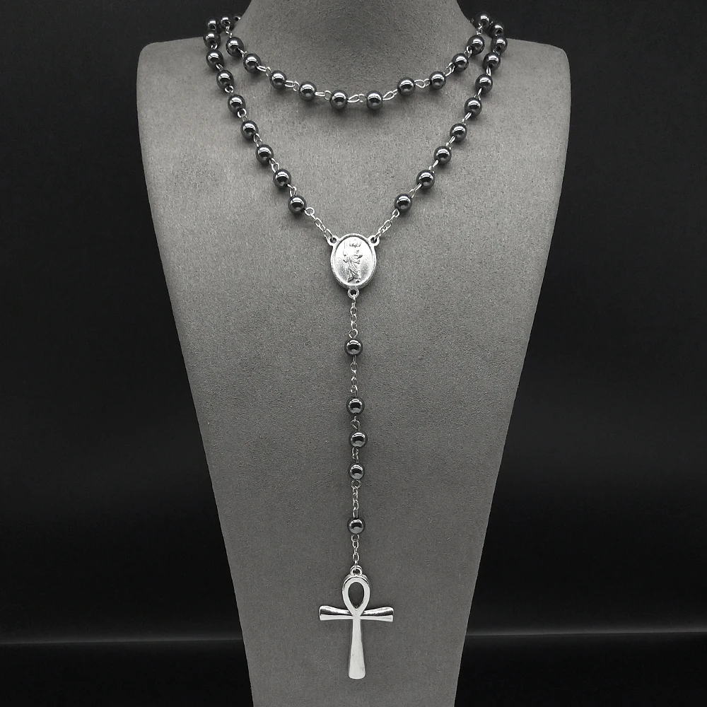 

Egyptian Ankh Cross Stainless Steel Necklace for Women Men Silver Color Symbol of Life Cross 59 Prayer Beads Necklace Jewelry