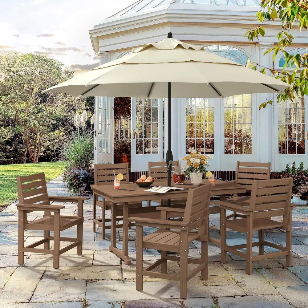 Patio Table and Chairs Set 7 Pieces, with Umbrell Hole, with 6 Patio Chairs, Weather Resistant Outdoor Dining Sets