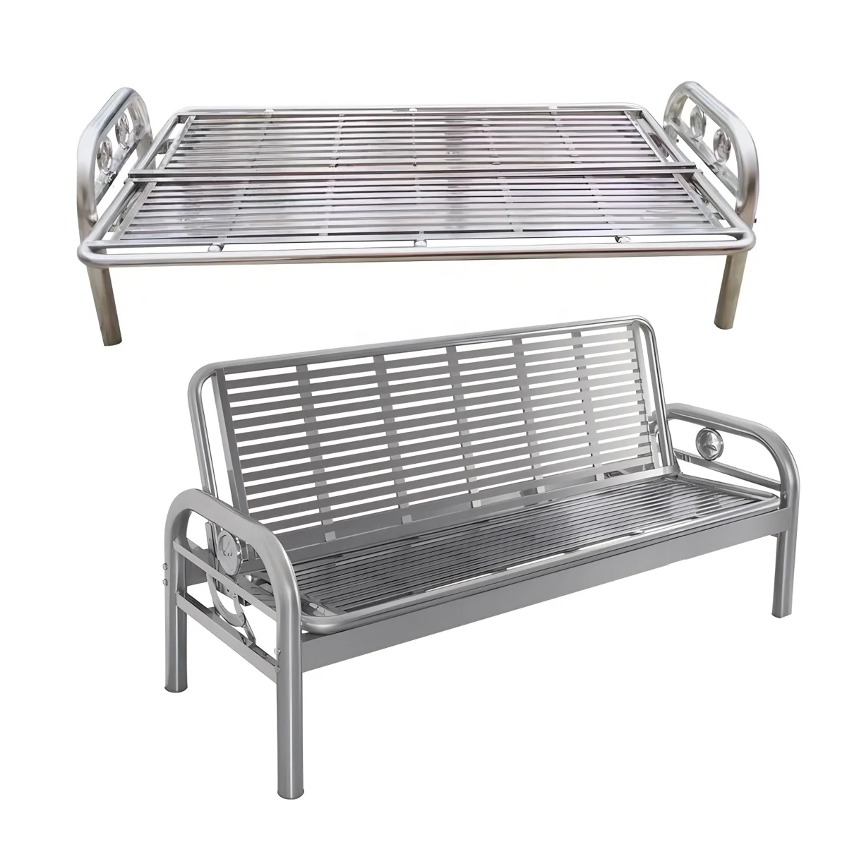 2-in-1 Convertible Stainless Steel Sofa Bed All-Weather Foldable Metal Daybed for Indoor Outdoor Modern Garden Living Room Usepr