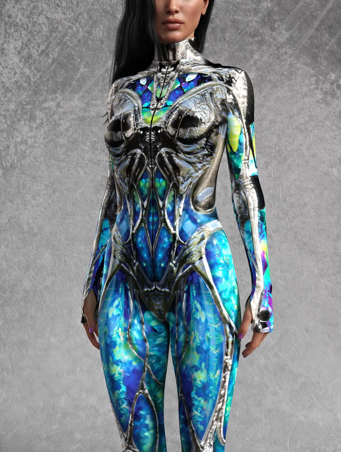 Damen Punk-Print Jumpsuit mit Unregelmäßigen Linien für Erwachsene, Cosplay-Bodysuit für Halloween, Karneval, Party, Auftritt, Radsport, Catsuit, Romper – Detail 4
