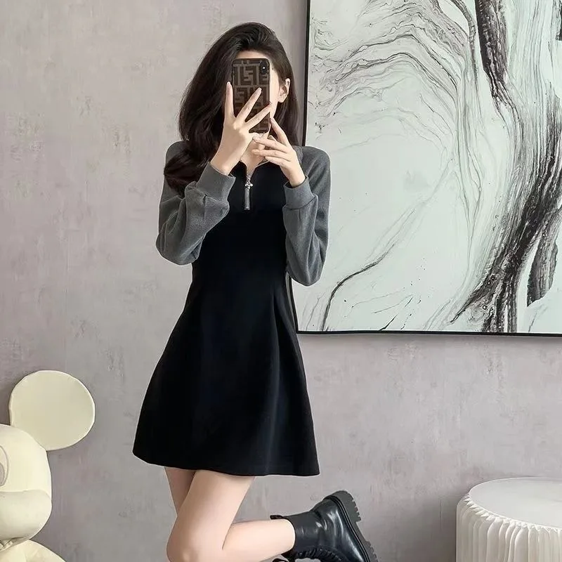 Korean Version Fallow Temperament Long Sleeve Female Autumn and Winter New Little Fellow Short Style Aging Western Style Dresses