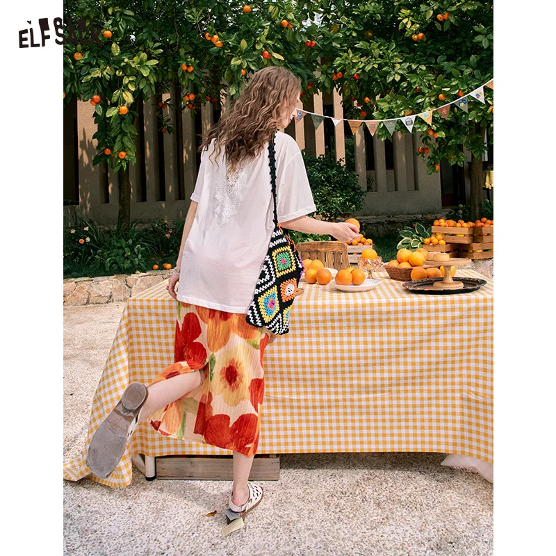 ELFSACK 2024 summer new arrival Flowers full of Indian fake style contrast color lazy casual seaside wear skirt for women