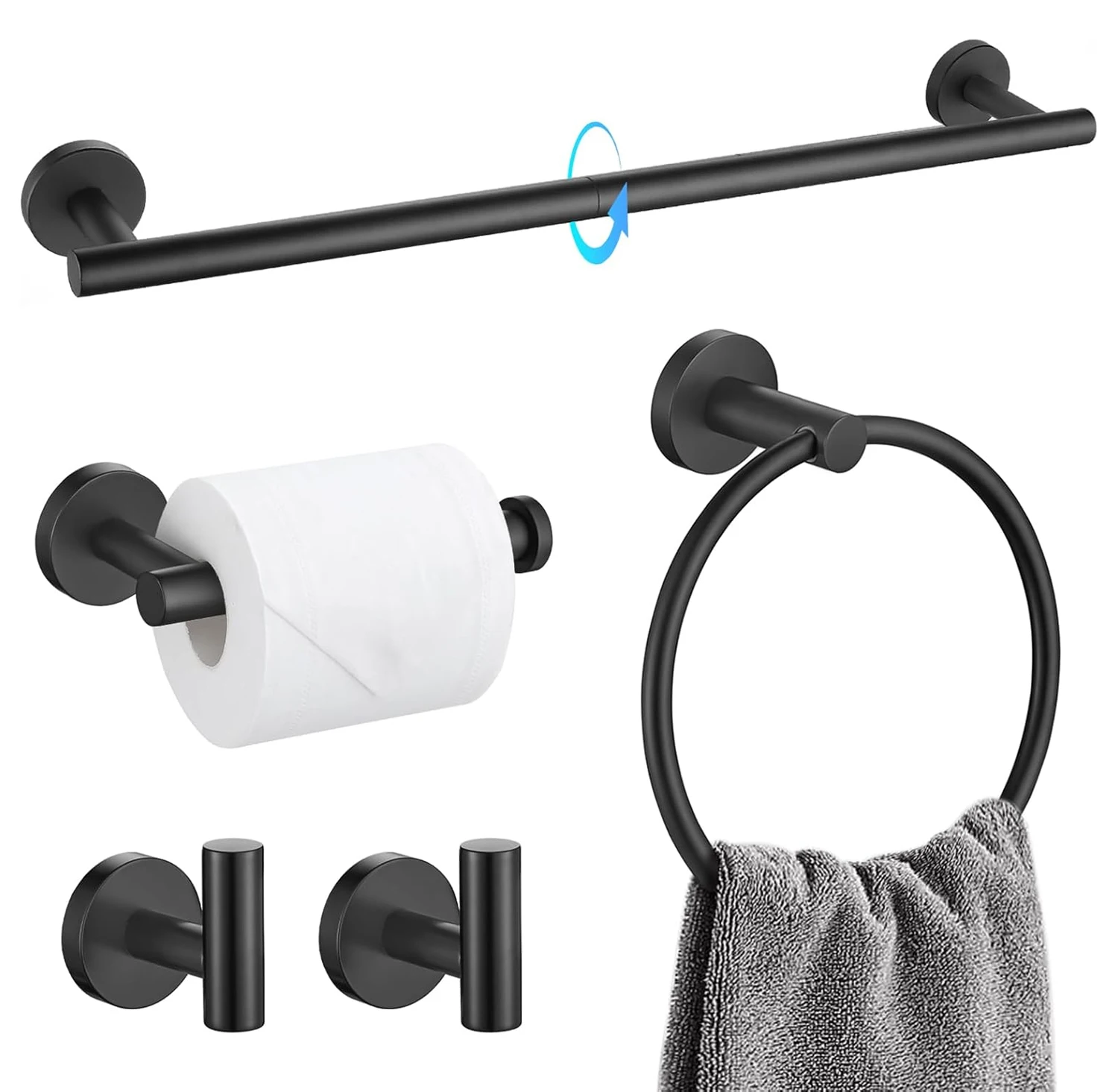 Matte Black Bathroom Hardware Set 5 Pieces, SUS304 Stainless Steel Towel Bar Set Round Bathroom Towel Rack Set Wall Mounted