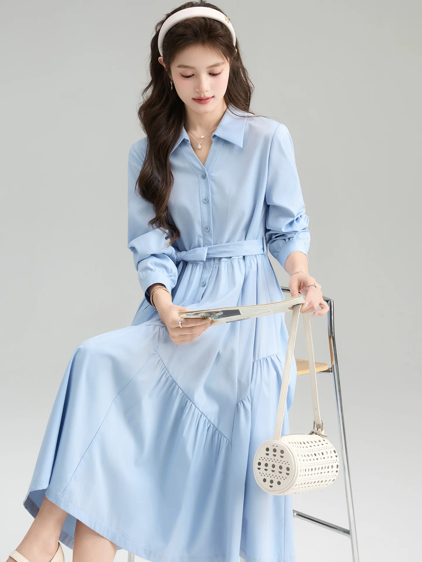 

Ele Blue irt Dr Women's Spring New Sle Commute Slim Fit Long Dr Comfortable Breathable Polyester Blend Casual U...