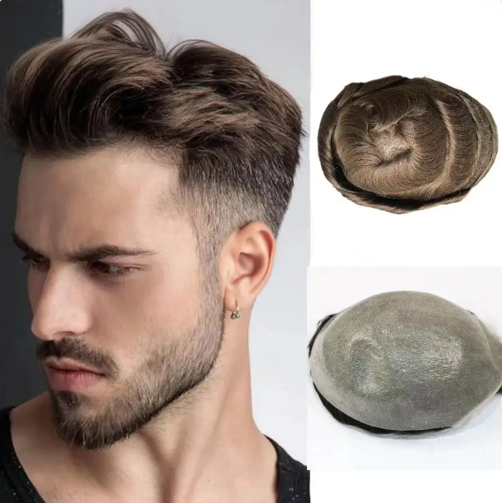 

V-loop Super 0.02 mm Thin Skin Full Pu Base black toupee System Natural Hairline 100% Human Hair Capillary prosthesis for males