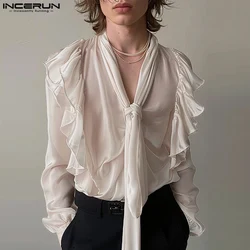 INCERUN Men Shirt Solid Color Ruffle V Neck Lace Up Long Sleeve Men Clothing Streetwear 2024 Loose Fashion Party Casual Shirts