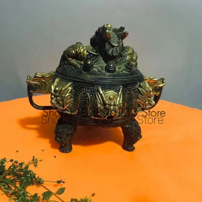 Antique Collection of Chinese Bronze Beast Gilded Nine Dragon Incense Stove