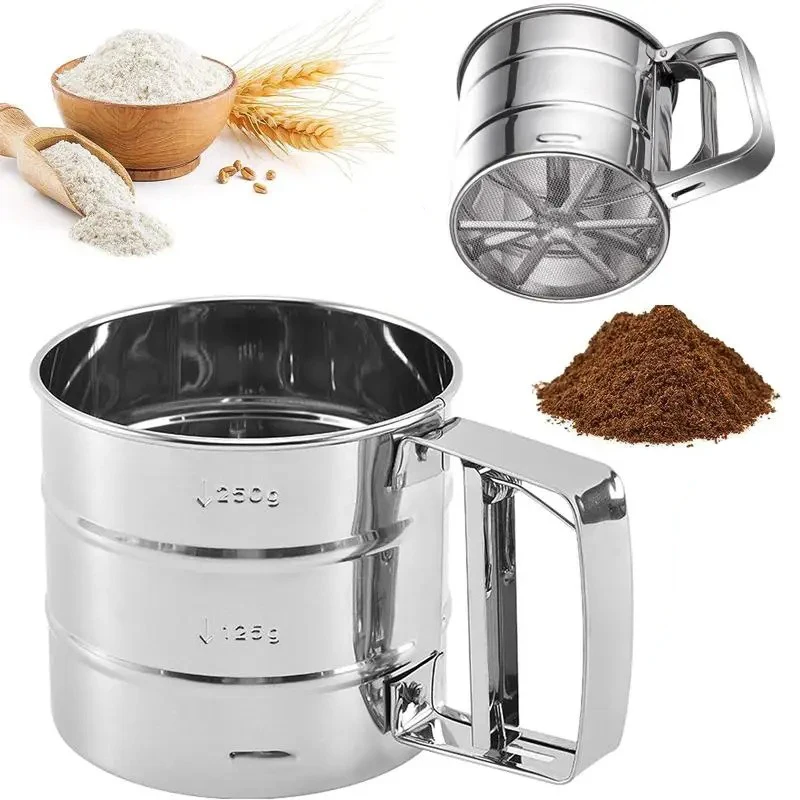 Baking Flour Sifter Flour Sieve Cup Layer Fine Mesh Powder Sugar Shaker Duster Handheld Stainless Steel Cake Flour Sieve Tool