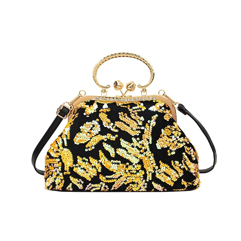 2023 New Luxury Women Sequin Flower Handbags Crystal Clip Shell Crossbody Bags Blue Gold Chain Shoulder Bags Lady Evening Clutch