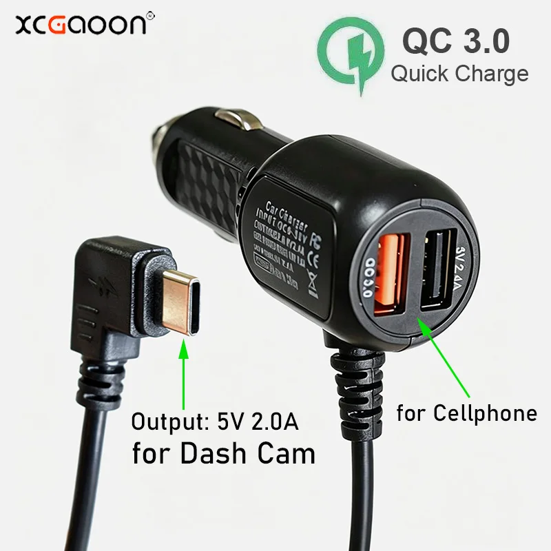 5V 2.0A Car Dash Cam Camera DVR Dual USB QC3.0 Quick Car Charger with Micro Mini Type-C Charging Port, Wire Length 3.5Meters