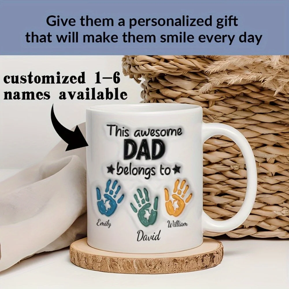 Mug en céramique personnalisable de 11 oz, motif d'empreintes de mains « Ce super papa appartient à », tasse à café, cadeau idéal pour papa, fête des pères