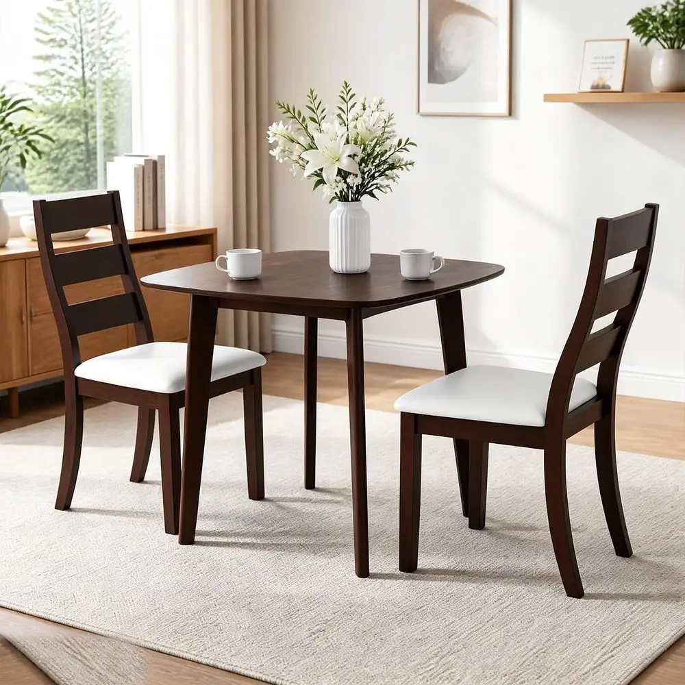 Wooden Dining Table Set for 2, Square Kitchen Table with 2 Upholstered Leather Chairs, Compact Small Space Dining Set for Apart