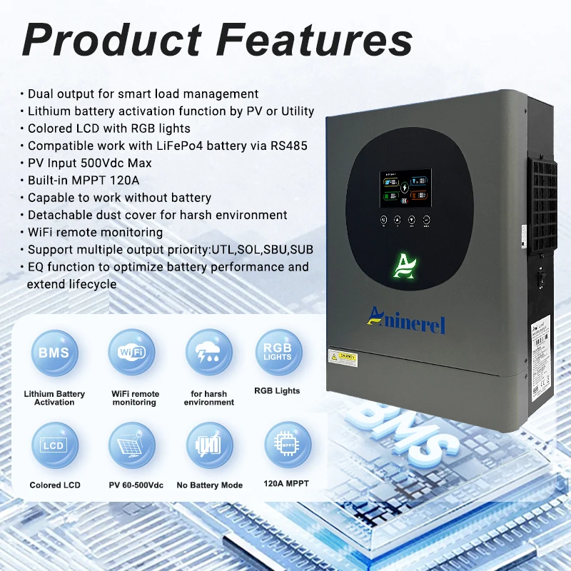 Aninerel 220VAC 6.2KW 48V Hybrid Solar Inverter Dual Outputs Built-in 120A MPPT Charger 48V-314AH LiFePO4 Battery Built-in BMS 6000+ Cycles US In Stock