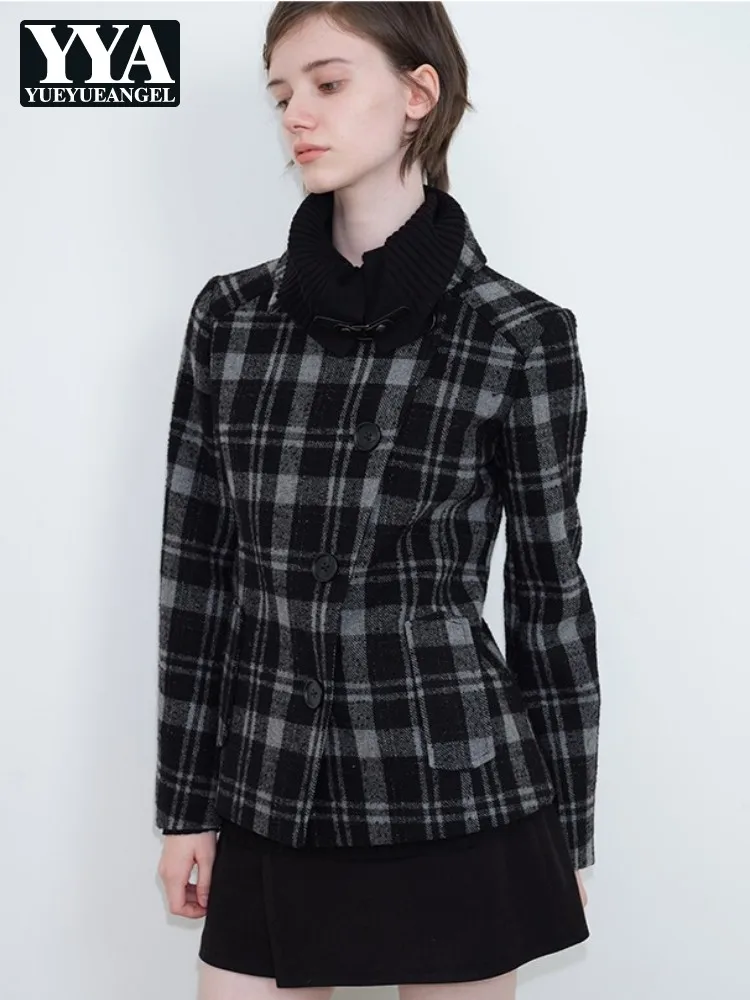 

Женское шерстяное пальто высшего качества в клетку, облегающее шерстяное пальто с асимметричным дизайном и отложным воротником, однобортная толстая куртка