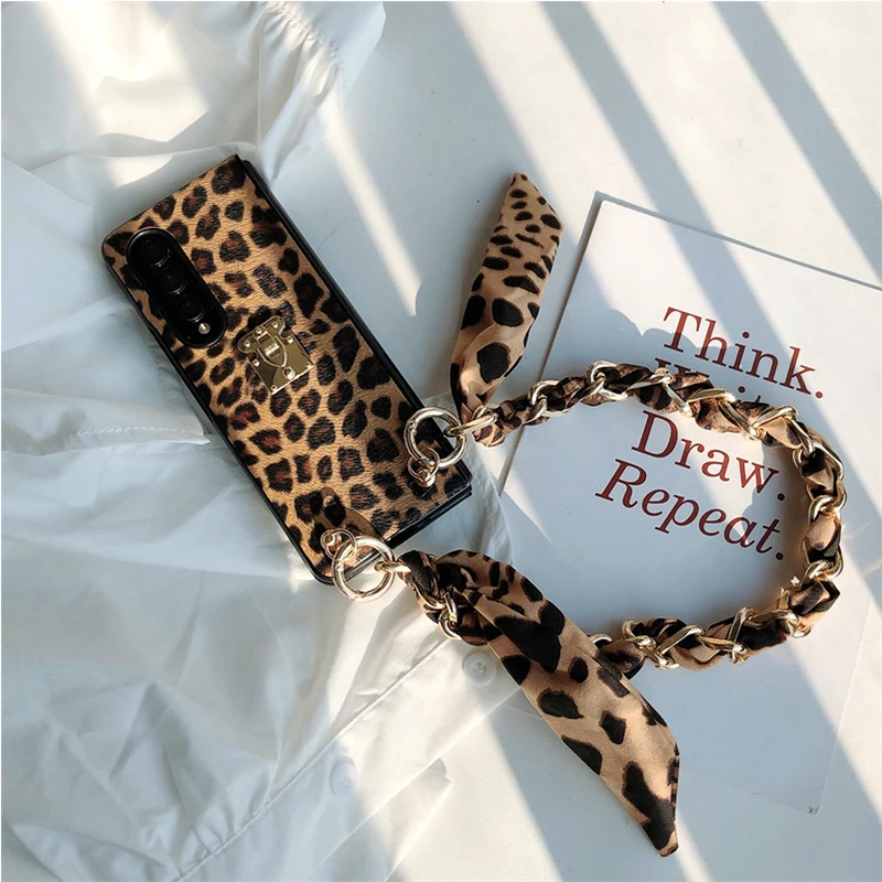 Woman Sexy Leopard Print PU Leather Phone Case For Samsung Galaxy Z Fold 6 5 4 3 Lock Cover With Portable Chain Of Silk Scarves