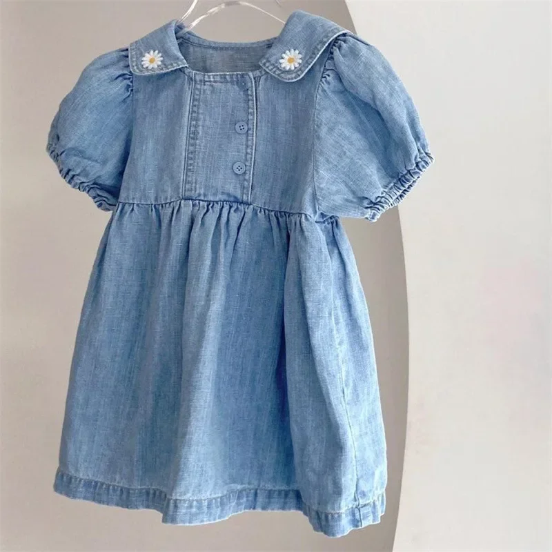 New Summer Girls' Baby Dress Campus Style Flower Embroidery Lapel Bubble Short Sleeve Denim Dress Student Clothes Children Dress