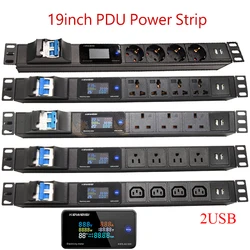 19Inch PDU Power Strip Cabinet Mount EU US UK C13 Universal Socket 2USB Digital Voltmeter Ammeter Wattmeter 16A/32A Air Switch