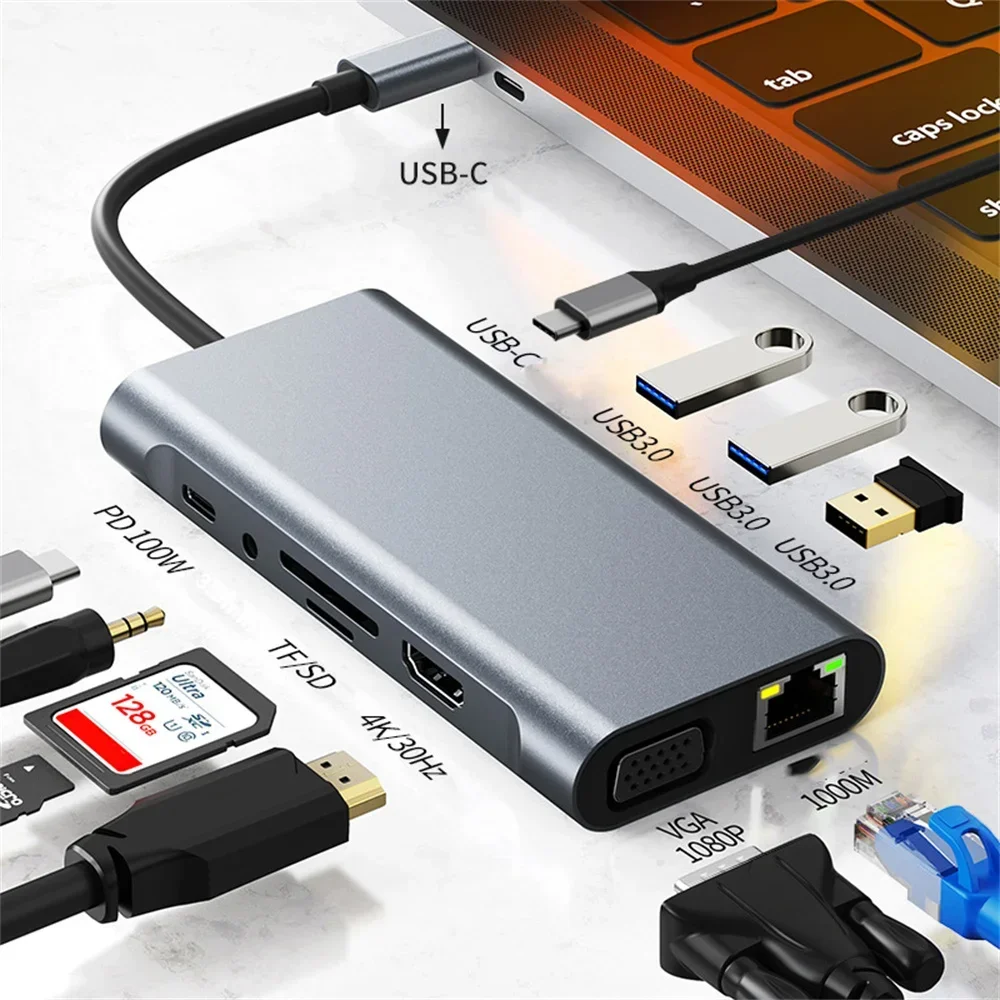 USB C Hub USB الفاصل منافذ موسع 10in1 TypeC إلى 4K HDMI SD TF قارئ بطاقات شحن سريع RJ45 إيثرنت VGA لماك بوك برو اير