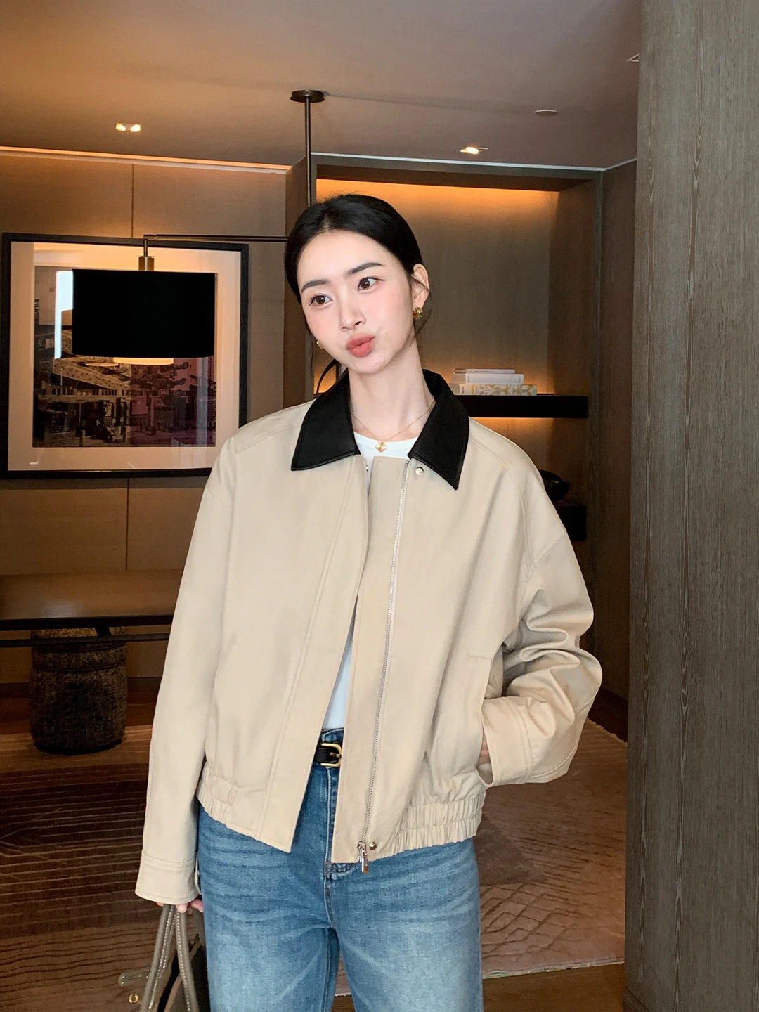 

Maven Lin Heavyweight Premium Color Blo PU Leather Collar Casual Flip Collar Workwear Jaet Women's Loose Fit Long Sve