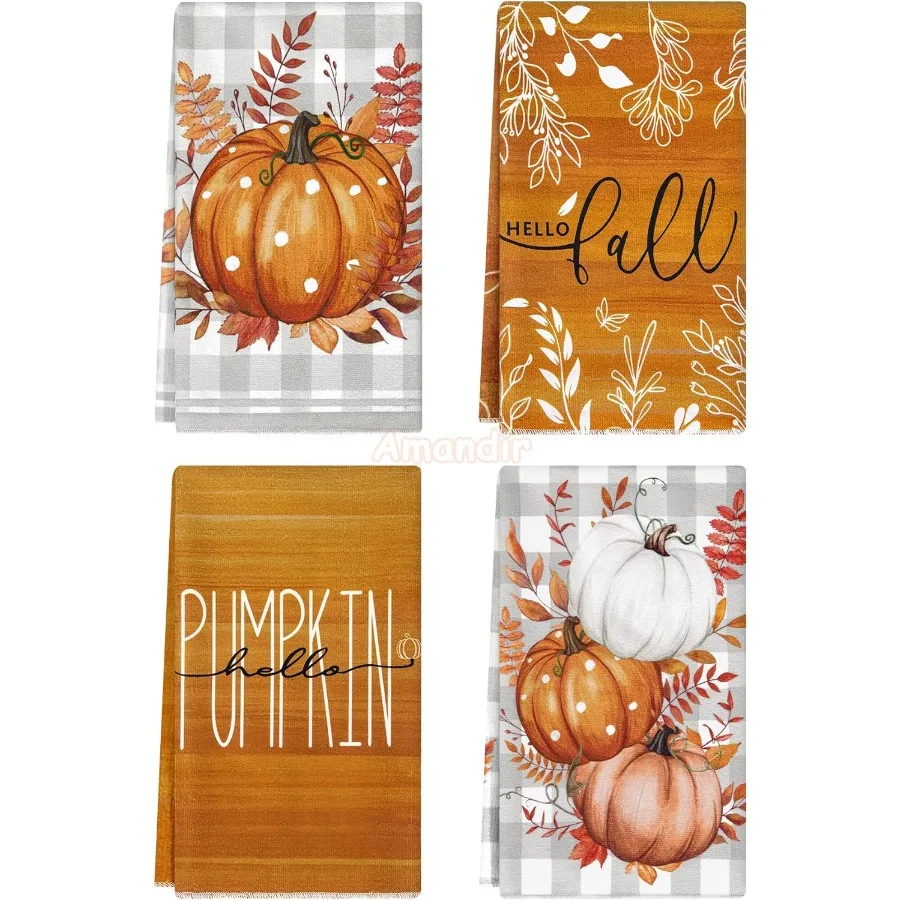 

Осенние кухонные полотенца для посуды Оранжевый плед из буйвола в горошек Листья Привет Тыква Осенние полотенца для рук 18x26 дюймов Фермерский дом Домашний декор T