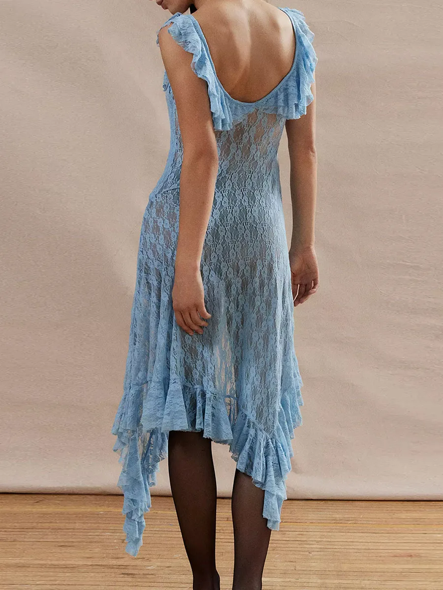 فستان دانتيل أنيق مزين بالزهور مع تفاصيل مقطوعة وحاشية مكشكشة مثالي لحفلات الصيف ومناسبات الشاطئ والخارج الليلي