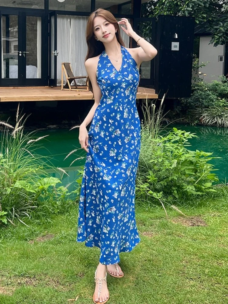 Robe française élégante pour femmes, bleu, motif Floral, col en v, sans manches, col licou, robe d'été, plage, vacances tropicales, mi-longue, 2025