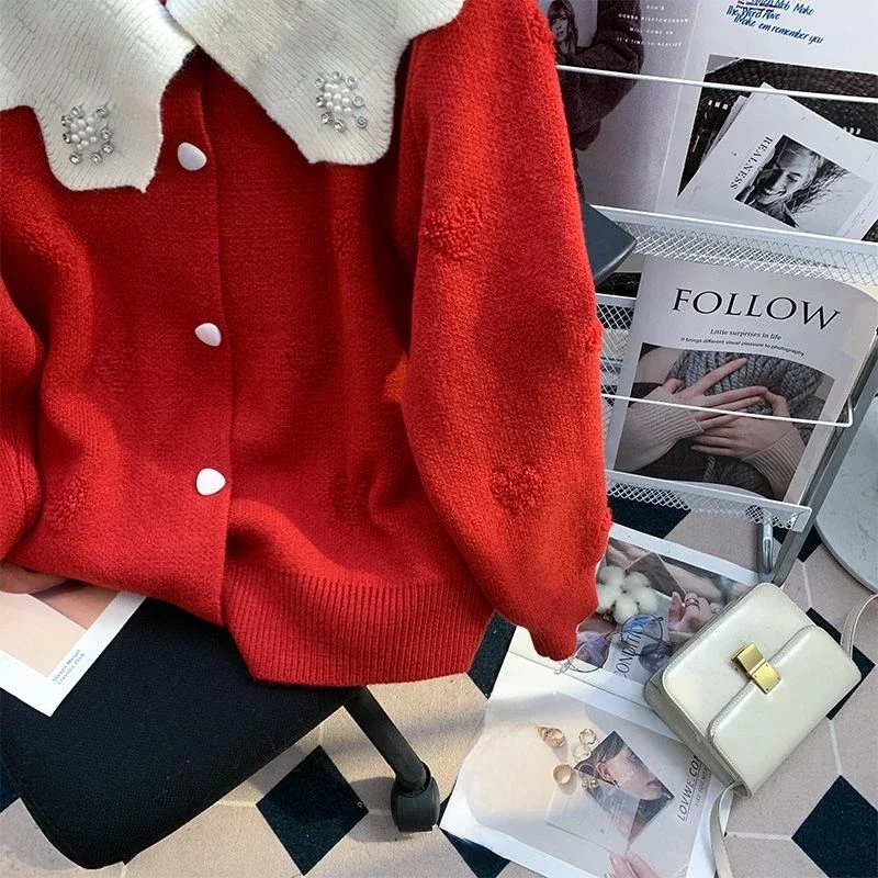 Korejpaa Red White Contrasting Peter Pan Collar Cardigans Women Korean Fashion Knitwear Sweet Sweater Coat Chic Heart Button Top