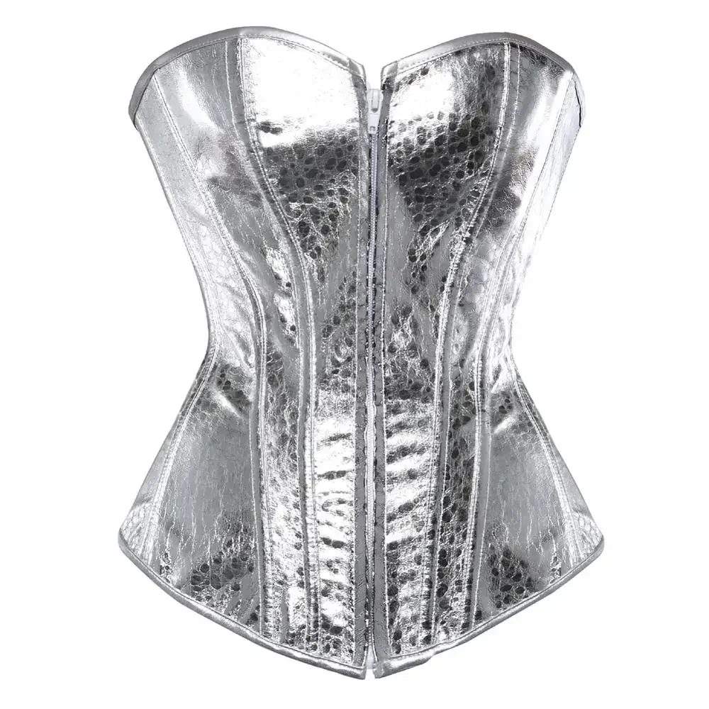 ผู้หญิงรัดตัวหนัง Faux เซ็กซี่ซิป Overbust Corset Bustiers Showgirl Clubwear Burlesque Corselet Carnival Top เลื่อม