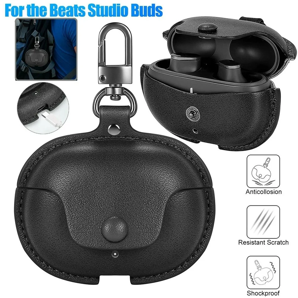 Schützende PU-Ledertasche für Beats Studio Buds / Buds+ Plus, stoßfestes Kopfhörerzubehör mit Schlüsselanhänger, Coque Fundas