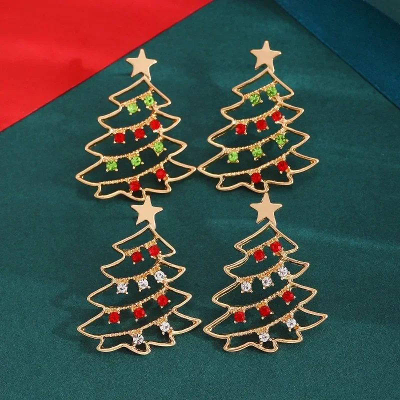 Christmas Colored Zircon Christmas Tree Simple and Fashionable Women\'s Earrings Creative Jewelry Holiday Gift