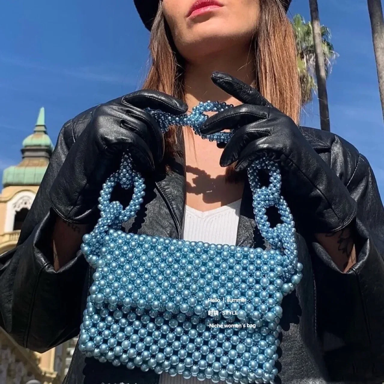 

Luxury Texture Flap Women's Shoulder Bags Blue Beaded Handwoven Bag New Fashion High Grade Exaggerated Chain Handbags for Women