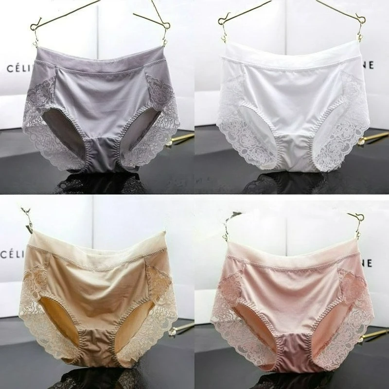 

Milk Silk Large-size Underwear Women Fat Abdomen and Hips Seamless Ice Silk Lace Breathable Medium High Waist Thin Comfortable.