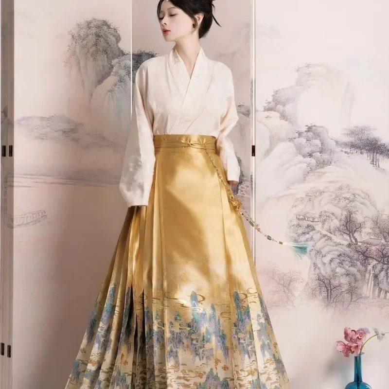 Traditional Chinese Women Costumes Golden Landscape Print Horse Faced Skirt Ming Dynasty Style Girl Ancient Clothing