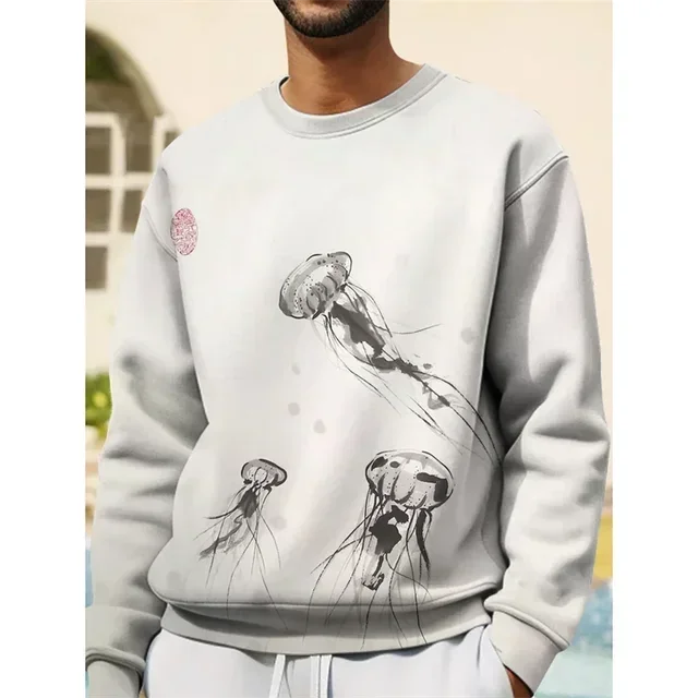 2024 NEW 3D Printed Japanese Ukiyoe Men's Manta Ray Jellyfish Pattern Sweater Casual O-Neck Pullover Long Sleeve