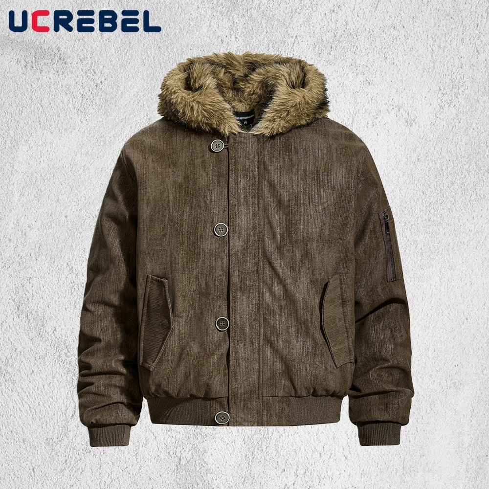 

Ретро стеганая куртка из искусственной кожи, мужская зимняя уличная свободная верхняя одежда с длинными рукавами и толстым капюшоном, мужская